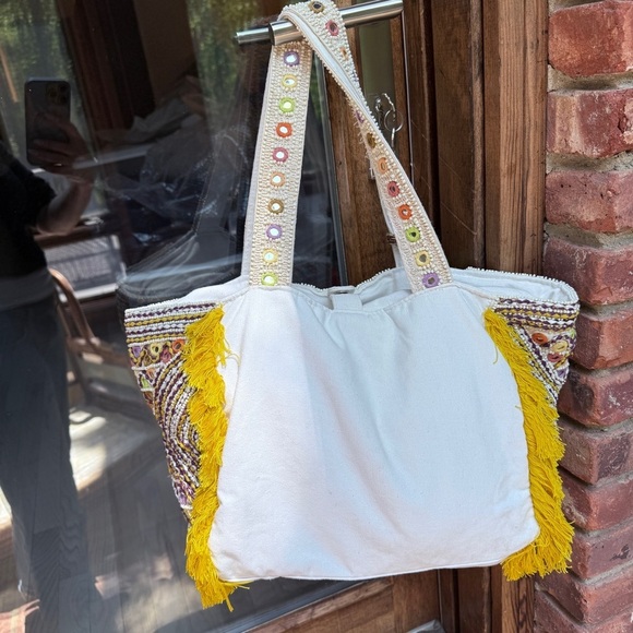 Antik Batik Bohemian Yellow and Cream Beaded Embellished Tote Bag - Picture 5 of 16